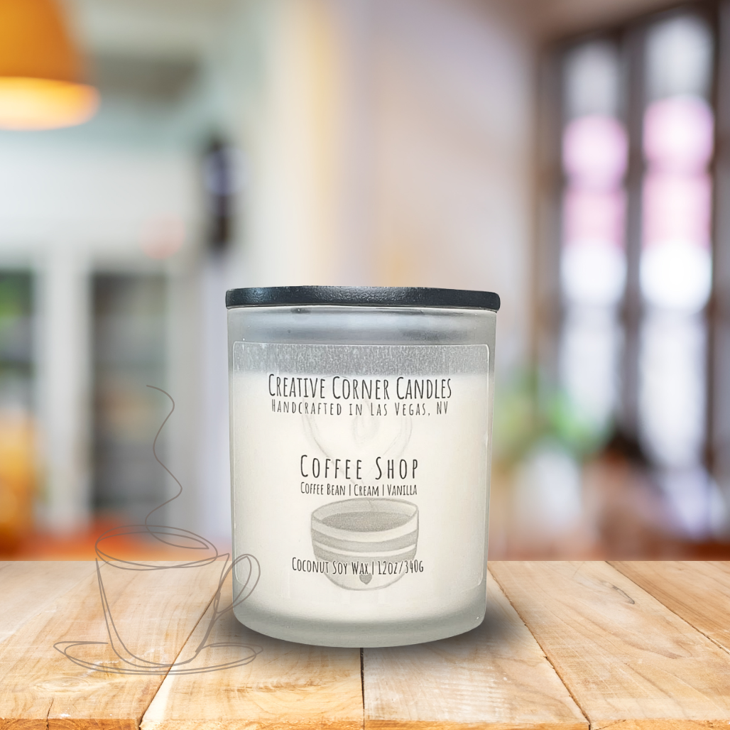 Coffee Shop handcrafted candles with a rich, aromatic coffee scent and a label featuring a hand-drawn coffee cup illustration