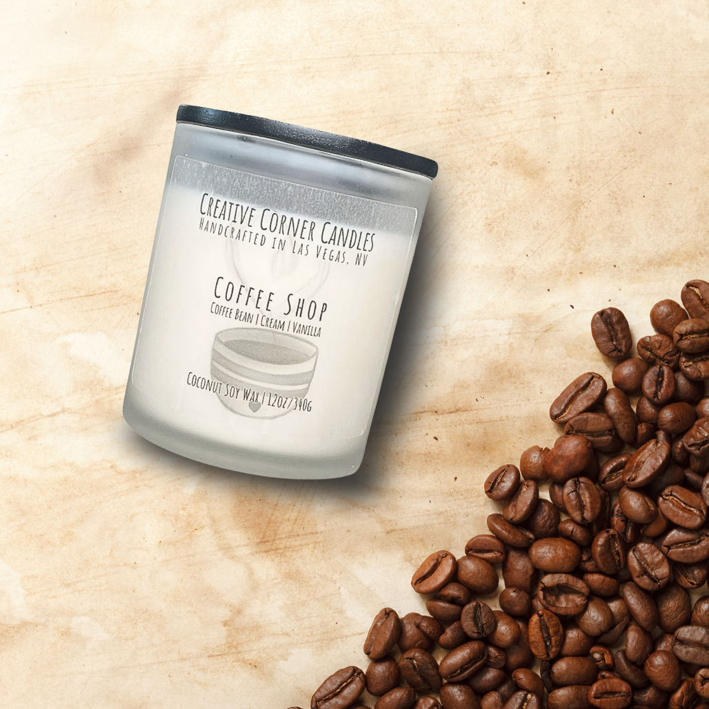 Coffee Shop handcrafted candles with a rich, aromatic coffee scent and a label featuring a hand-drawn coffee cup illustration
