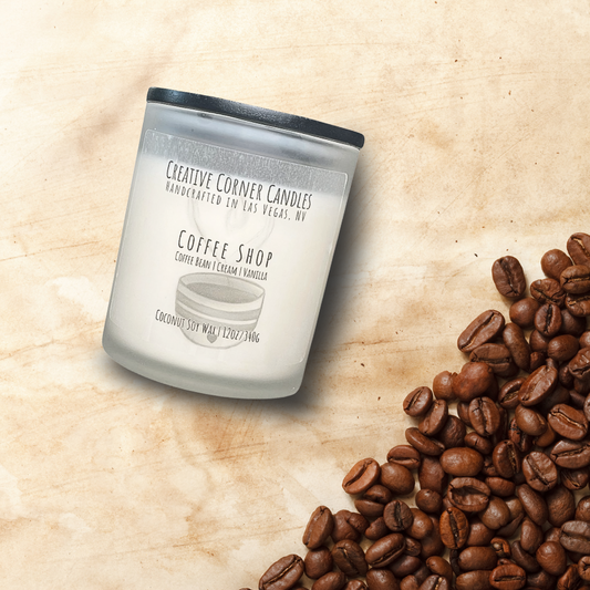 Coffee Shop handcrafted candles with a rich, aromatic coffee scent and a label featuring a hand-drawn coffee cup illustration