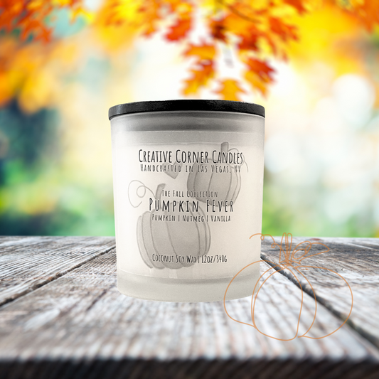 Pumpkin Fever fall candle with pumpkin, nutmeg, and vanilla scent in coconut soy wax, hand-drawn label illustration of two pumpkins.