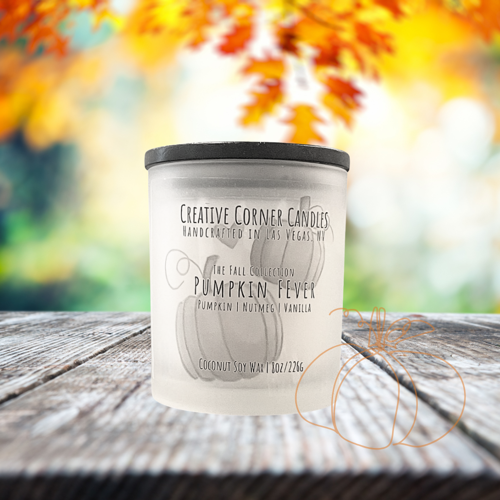 Pumpkin Fever fall candle with pumpkin, nutmeg, and vanilla scent in coconut soy wax, hand-drawn label illustration of two pumpkins.