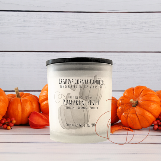 Pumpkin Fever fall candle with pumpkin, nutmeg, and vanilla scent in coconut soy wax, hand-drawn label illustration of two pumpkins.