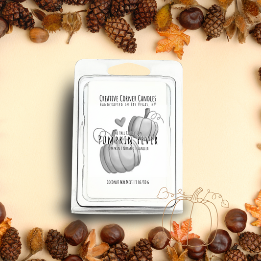 Pumpkin Fever wax melts with pumpkin, nutmeg, and vanilla scent in coconut soy blend, hand-drawn label illustration of two pumpkins.