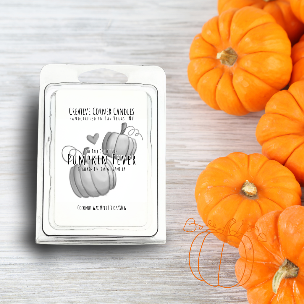 Pumpkin Fever wax melts with pumpkin, nutmeg, and vanilla scent in coconut soy blend, hand-drawn label illustration of two pumpkins.