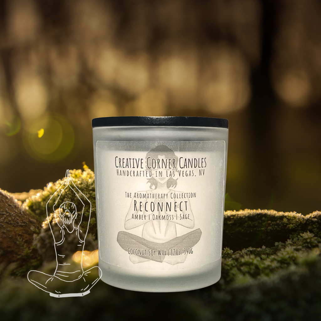 Reconnect handcrafted candles with an energizing scent and a label featuring a hand-drawn illustration of a woman doing the Sukhasana yoga pose