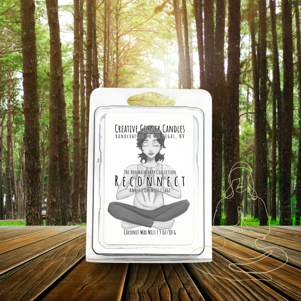 Reconnect handcrafted wax melt with an energizing scent and a label featuring a hand-drawn illustration of a woman doing the Sukhasana yoga pose