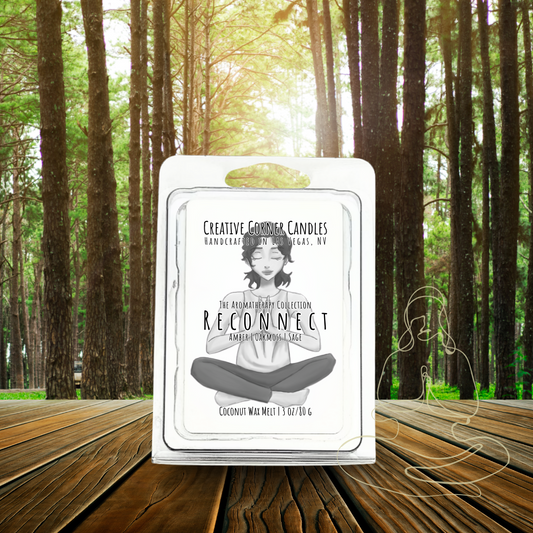 Reconnect handcrafted wax melt with an energizing scent and a label featuring a hand-drawn illustration of a woman doing the Sukhasana yoga pose