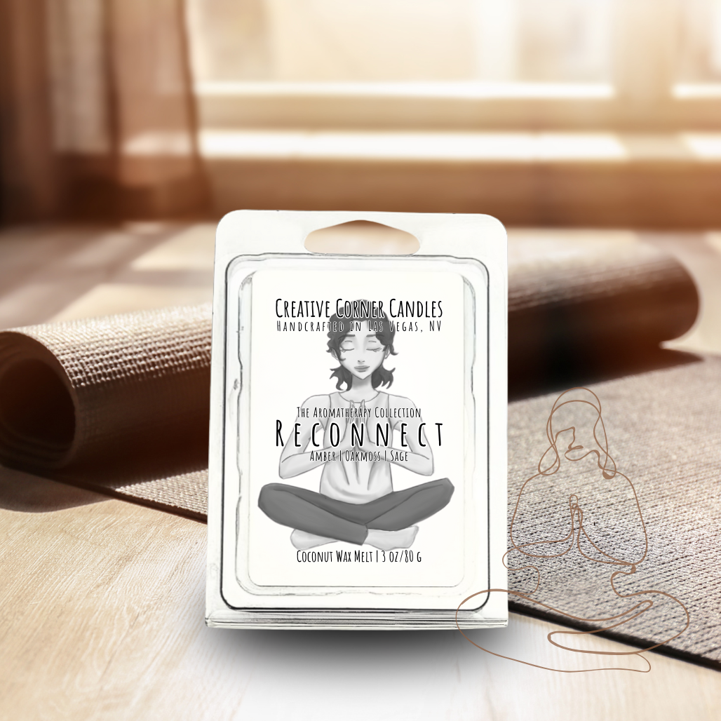 Reconnect handcrafted wax melt with an energizing scent and a label featuring a hand-drawn illustration of a woman doing the Sukhasana yoga pose