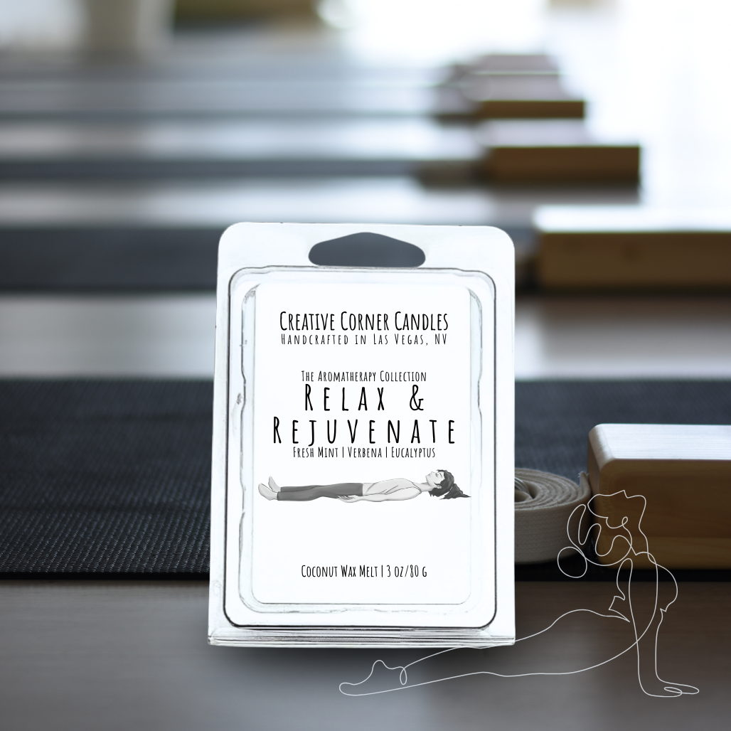Relax and Rejuvenate handcrafted wax melt with a refreshing scent and a label illustrated with a hand-drawn depiction of a woman lying in a restful position