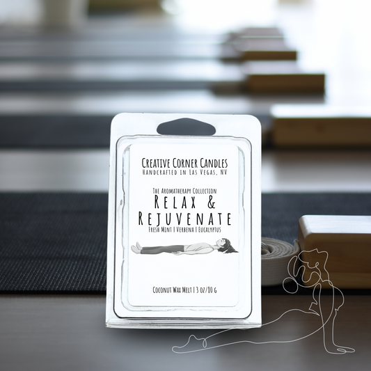Relax and Rejuvenate handcrafted wax melt with a refreshing scent and a label illustrated with a hand-drawn depiction of a woman lying in a restful position