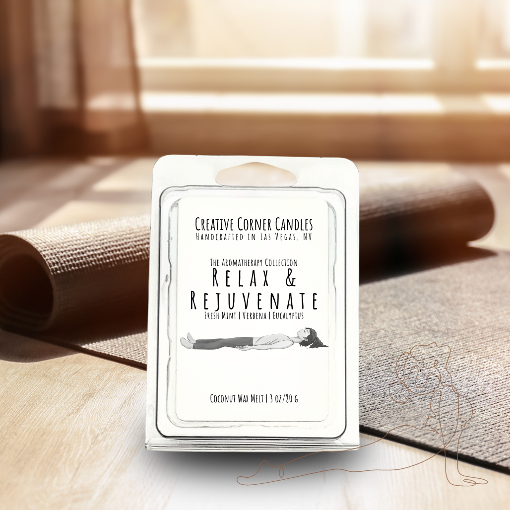 Relax and Rejuvenate handcrafted wax melt with a refreshing scent and a label illustrated with a hand-drawn depiction of a woman lying in a restful position