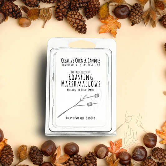Roasting Marshmallows wax melts with marshmallow, oak, and smoky scent in coconut soy blend, hand-drawn label illustration of a stick with two marshmallows roasting.