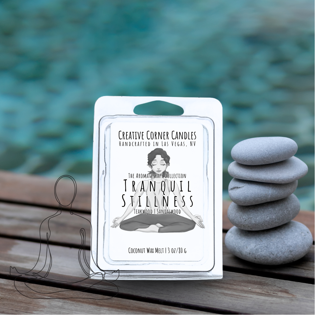 Tranquil Stillness handcrafted wax melt with a calming scent and a label adorned with a hand-drawn illustration of a woman doing a cross-legged yoga pose