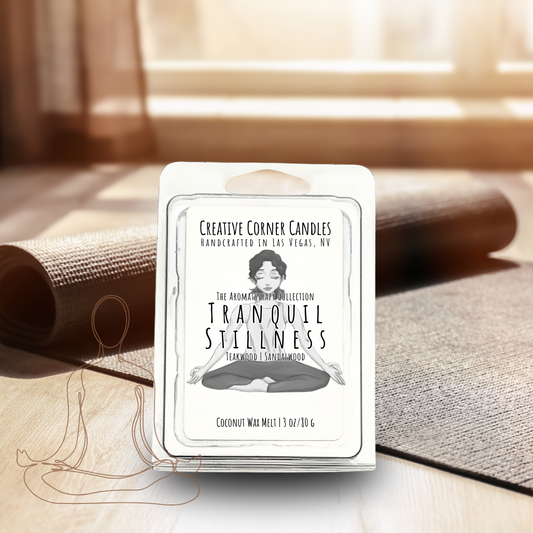Tranquil Stillness handcrafted wax melt with a calming scent and a label adorned with a hand-drawn illustration of a woman doing a cross-legged yoga pose