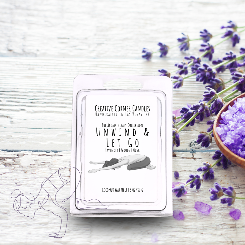 Unwind and Let Go handcrafted wax melt with a soothing aroma and a label featuring a hand-drawn illustration of a woman doing a child yoga pose