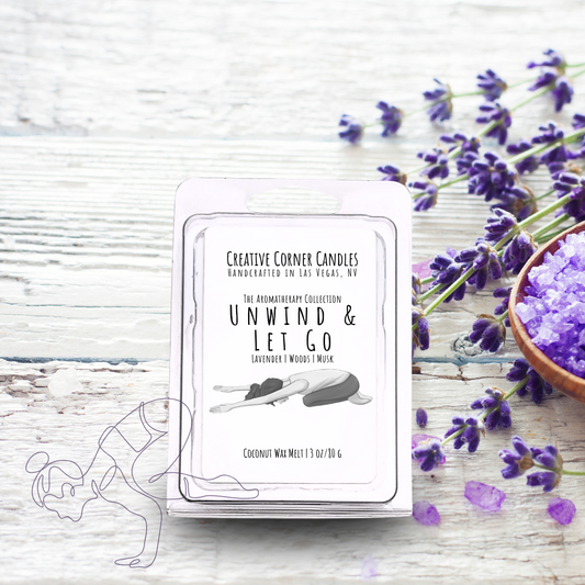 Unwind and Let Go handcrafted wax melt with a soothing aroma and a label featuring a hand-drawn illustration of a woman doing a child yoga pose