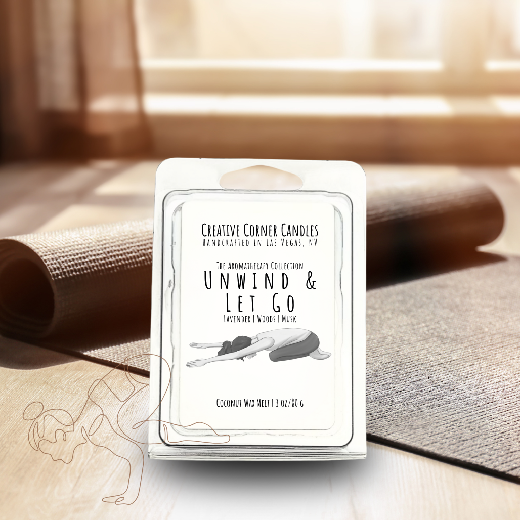 Unwind and Let Go handcrafted wax melt with a soothing aroma and a label featuring a hand-drawn illustration of a woman doing a child yoga pose