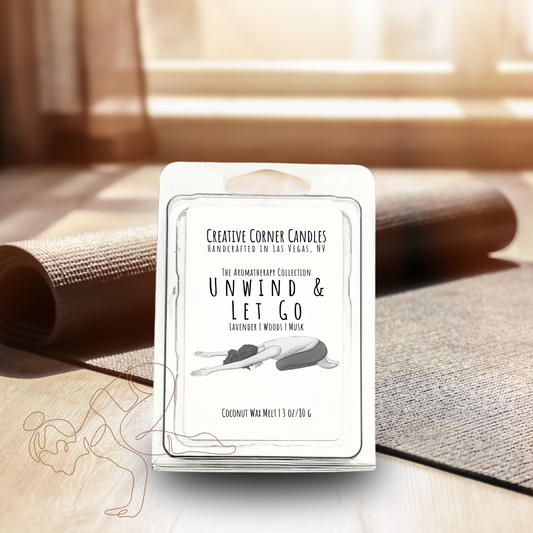 Unwind and Let Go handcrafted wax melt with a soothing aroma and a label featuring a hand-drawn illustration of a woman doing a child yoga pose
